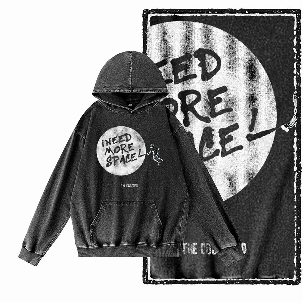 Cosmic Drift Space Graphic Acid-Washed Black Hoodie