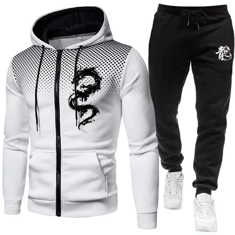 Men's Dragon Print Tracksuit - Urban Casual Fashion Hoodie and Jogger Pants Set for Stylish Comfort