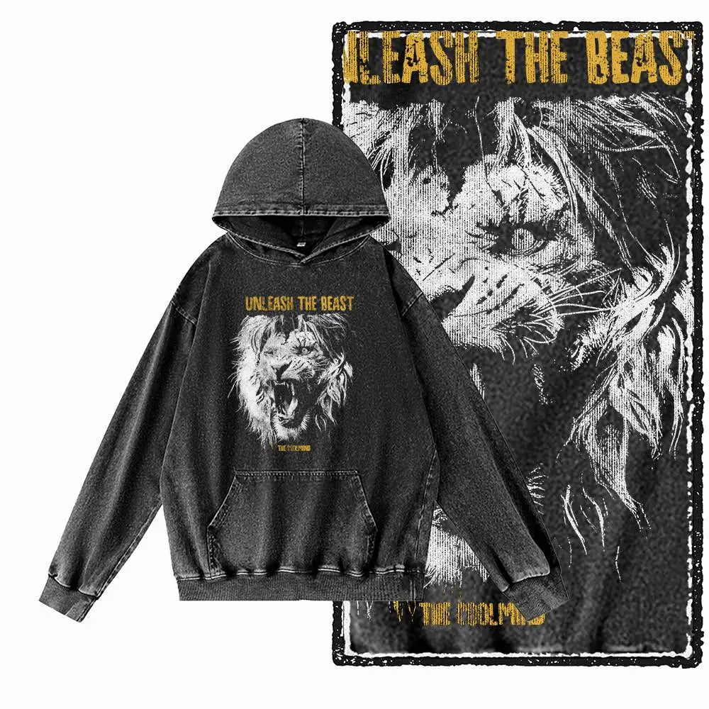 COOLMIND Lion Graphic Pullover | Acid-Washed Black