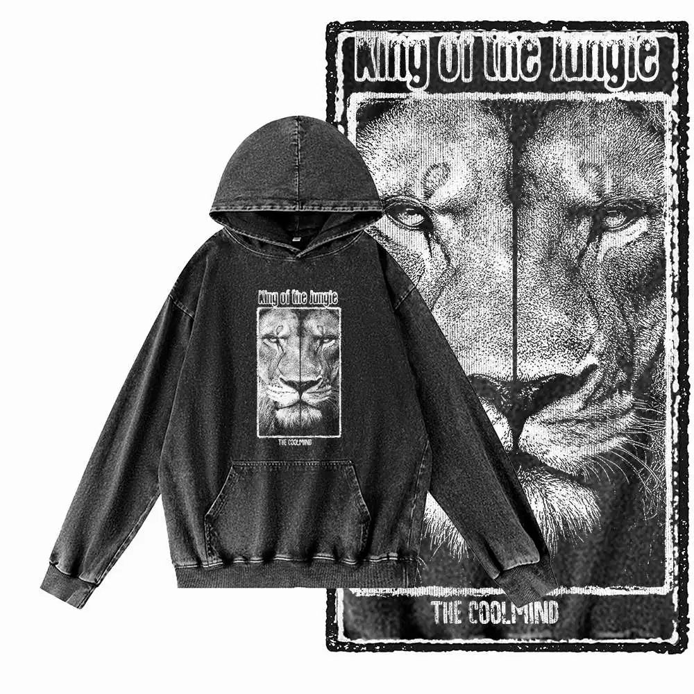 COOLMIND Lion Graphic Pullover | Acid-Washed Black
