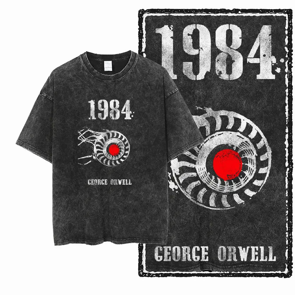 G02 Exclusive 100% Cotton Big Size 1984 Graphic Men T-shirt | Acid Washed Streetwear Cool Vintage O-neck Men's Tee Tshirt
