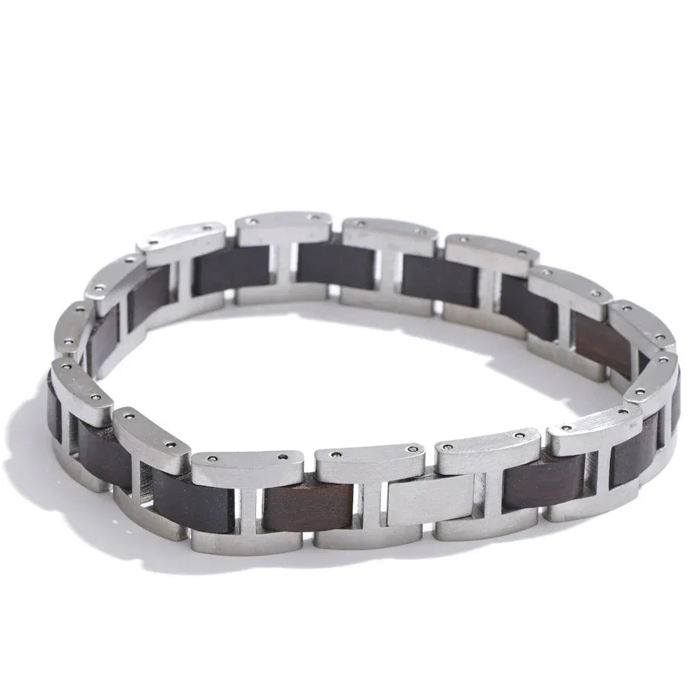 22cm Stylish Unique Stainless Steel Natural Wood Chain Men's Classic Bracelet - ShopHub