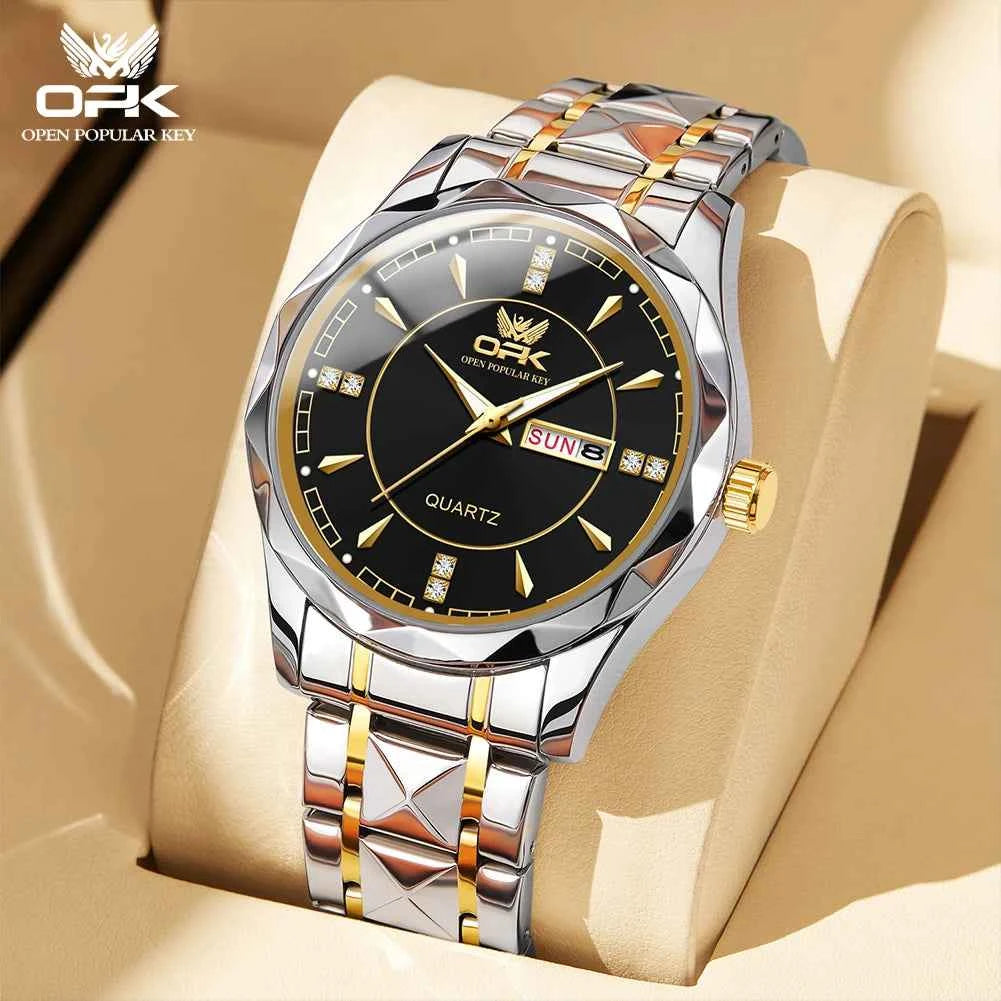 OPK 8151 Unisex Quartz Watch Waterproof Luminous Stainless Steel Automatic Date Dual Calendar Design