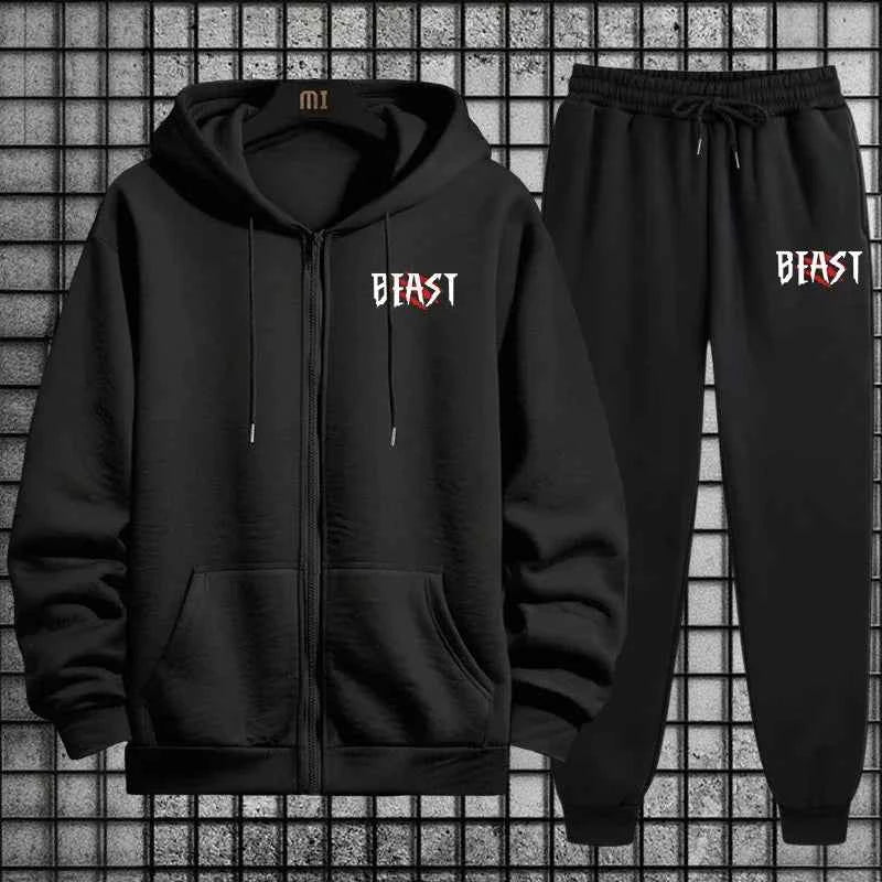 Men Tracksuit Set 2 Pieces Zipper Hoodie and Sweatpants Urban Streetwear Outfit for Autumn Winter Sportswear Fashion