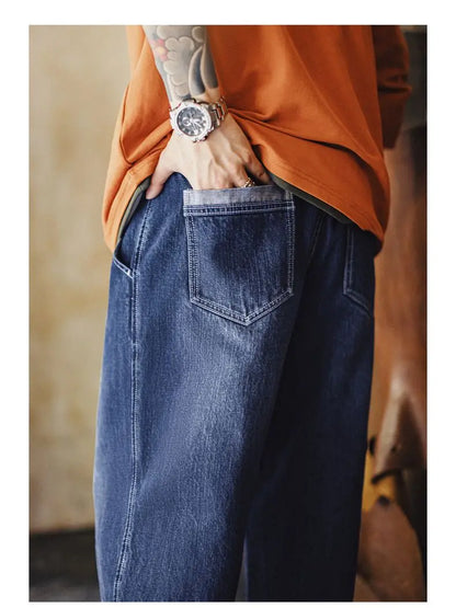 Maden 15oz Slub Cotton Denim Jeans Vintage Men's Washed Blue Straight Tapered Trousers Pants with Pockets for Men Autumn Winter