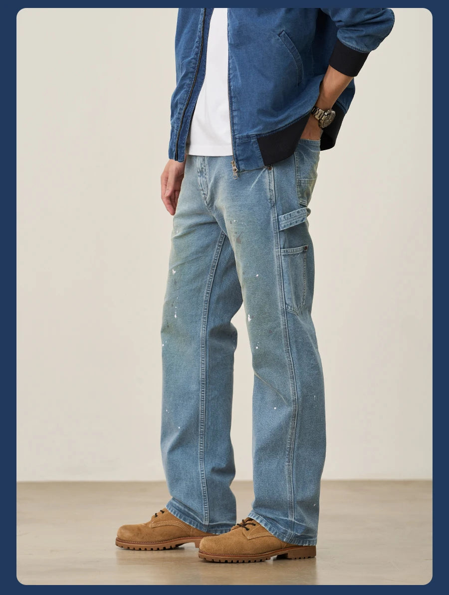 SIMWOOD High Standard 2026 Autumn New Loose Relax 12oz Fabric Denim Logger Pants Men Outdoor Workerwear Paint Splatter Jeans
