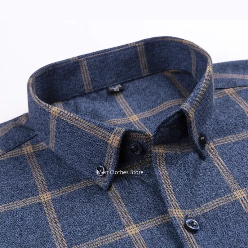 Pure Cotton Men's Plaid Shirt - Oversized Long Sleeve Casual Shirt for Plus Size
