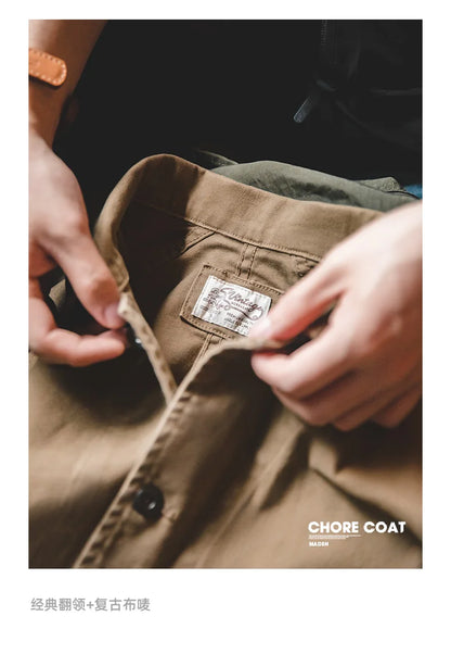Maden Heavyweight Twill Fabric Four-pocket Chore Coat for Men Khaki Color Turn-down Collar Utility Jacket Male Autumn Jackets