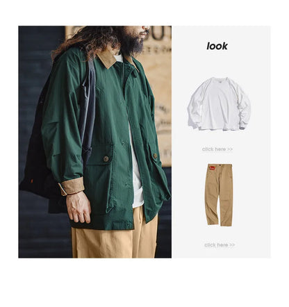 Maden Men's Retro Multi-pocket Safari Jacket Green Loose Corduroy Lapel Classic Coat Versatile Outerwear for Spring and Autumn