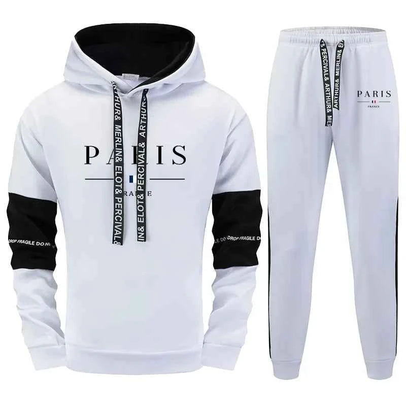 Men's Tracksuit Set Paris Print Hoodie and Sweatpants for Fall Winter Casual Sporty Jogging