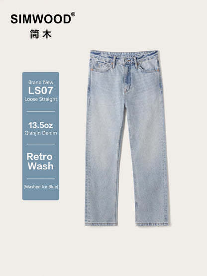 SIMWOOD 2026 Autumn New Loose Straight 13.5oz  100% Cotton Washed Vintage Jeans Men Plus Size Denim Trousers