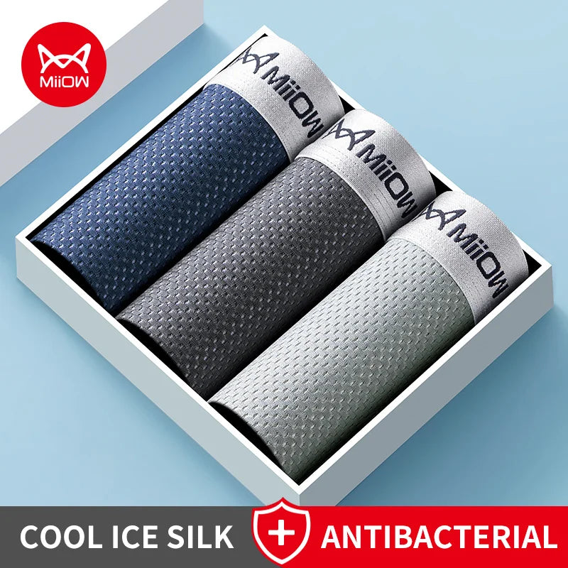 MiiOW Ice Silk Men's Underwear - 3Pcs Breathable Mesh Antibacterial Boxer Briefs