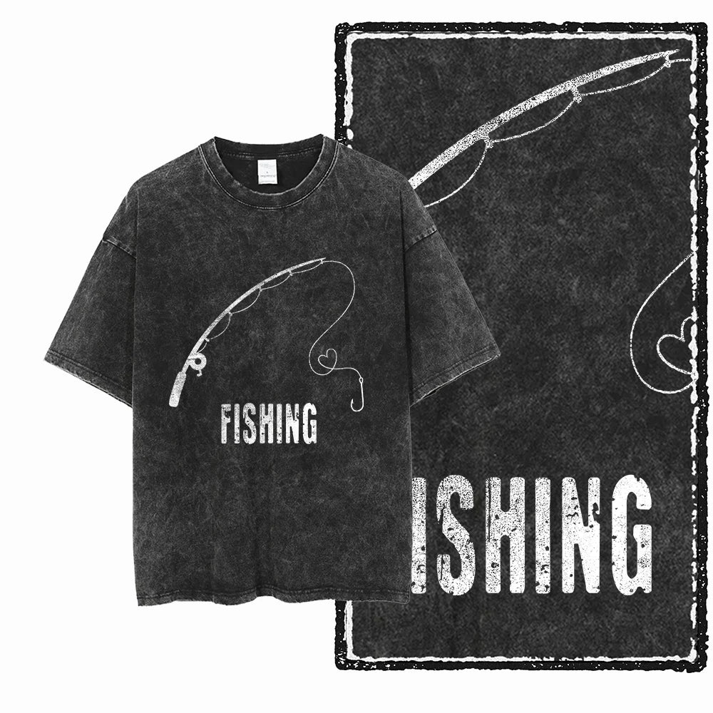 YB FISHING THEME Printed Cotton Acid Washed Exclusive Graphic Unisex T Shirt Cool Streetwear Men Tshirts Big Size Tee for Men