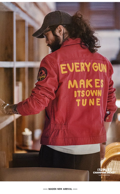 Maden New Vintage Heavy-Duty Letter Embroidered 12MJZ Jacket Red Slim-Fit Canvas Lapel Coat Men's Spring Zip-Up Casual Outerwear