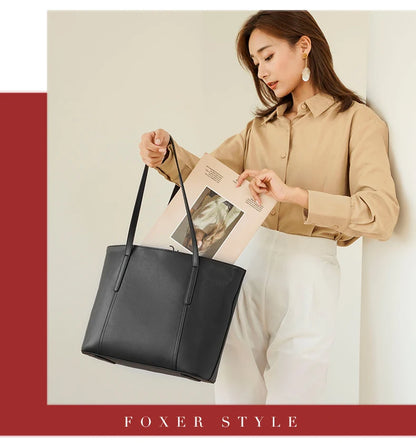 FOXER Split Leather Shoulder Bag for Women Simple Large Capacity Tote Lady Classic Black Handbag Gift for Wife, Lover