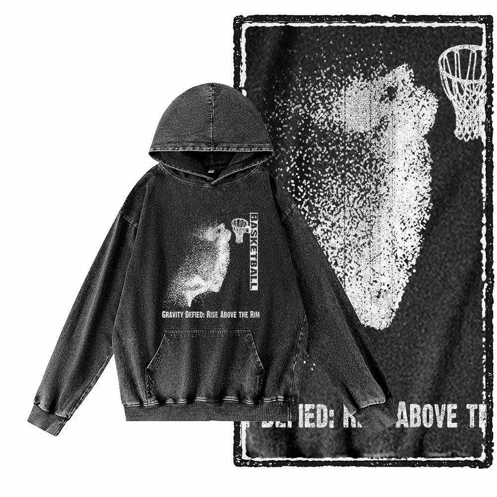 Courtside Basketball Graphic Acid-Washed Black Hoodie