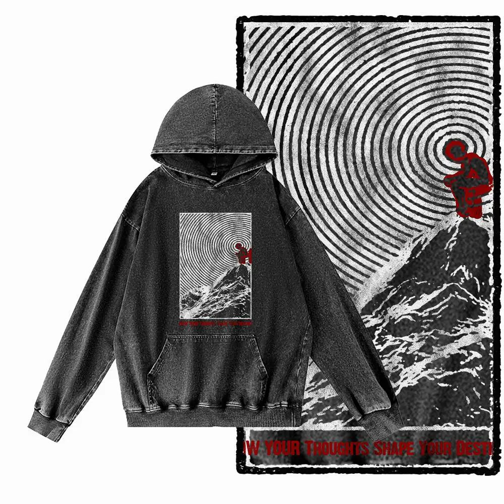 G09 Creative Graphic Acid-Washed Black Hoodie