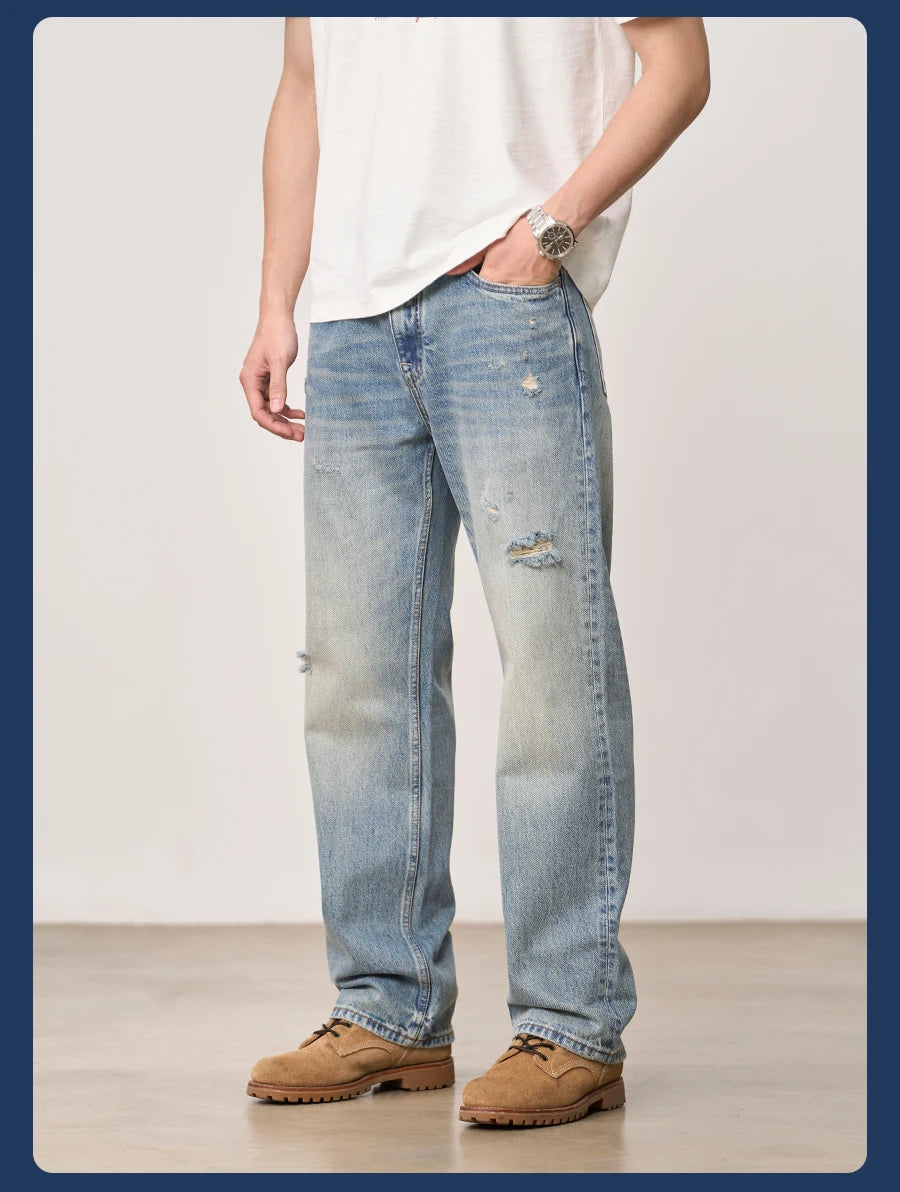 SIMWOOD High Standard 2026 Summer New Loose Relax 14oz Fabric Hole Ripped Jeans Men Vintage Streetwear Fashion Denim Pants