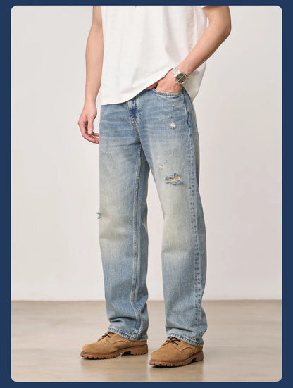 SIMWOOD High Standard 2026 Summer New Loose Relax 14oz Fabric Hole Ripped Jeans Men Vintage Streetwear Fashion Denim Pants