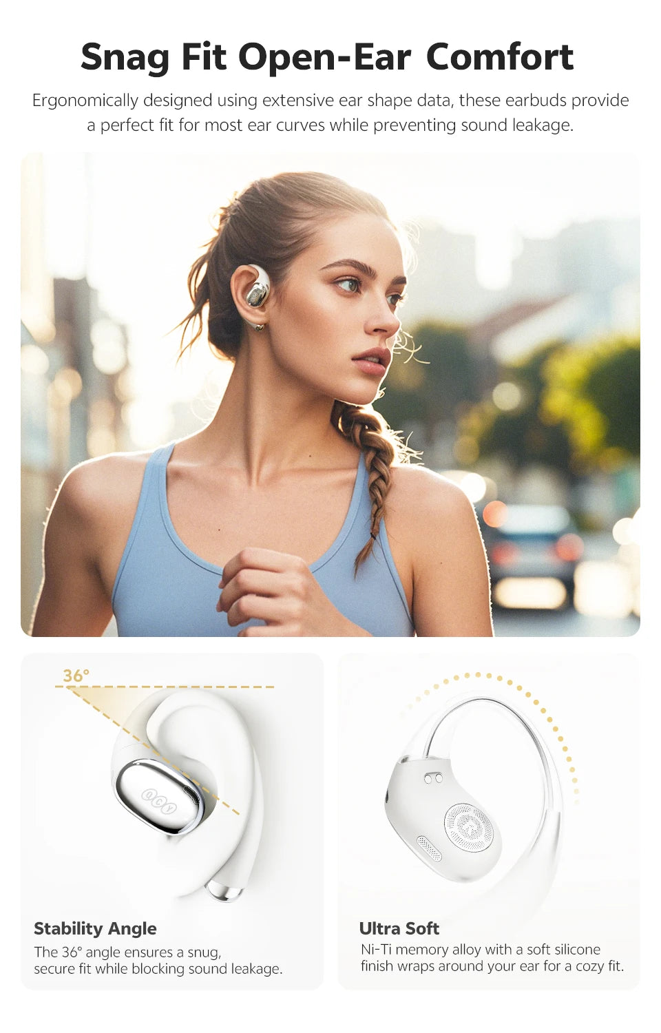 QCY Crossky R70 Wireless Headphones - Hi-Res Open-Ear Bluetooth 6.0 Earhooks with Bass Boost