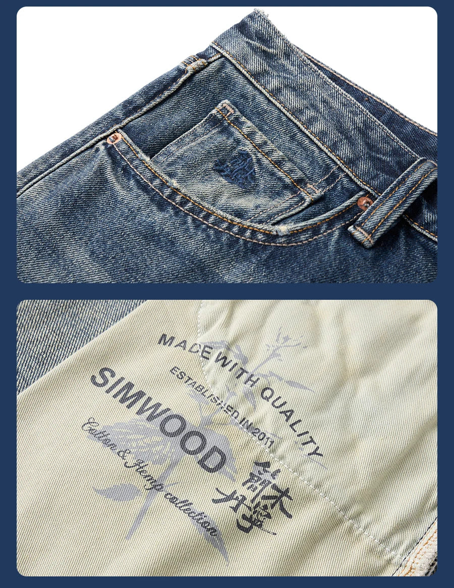 SIMWOOD High Standard 2026 Spring New 13oz Cotton Hemp Washed Vintage Jeans for Men,Classic Retro Casual Denim Trousers