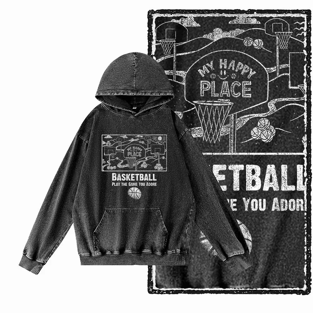 Courtside Basketball Graphic Acid-Washed Black Hoodie