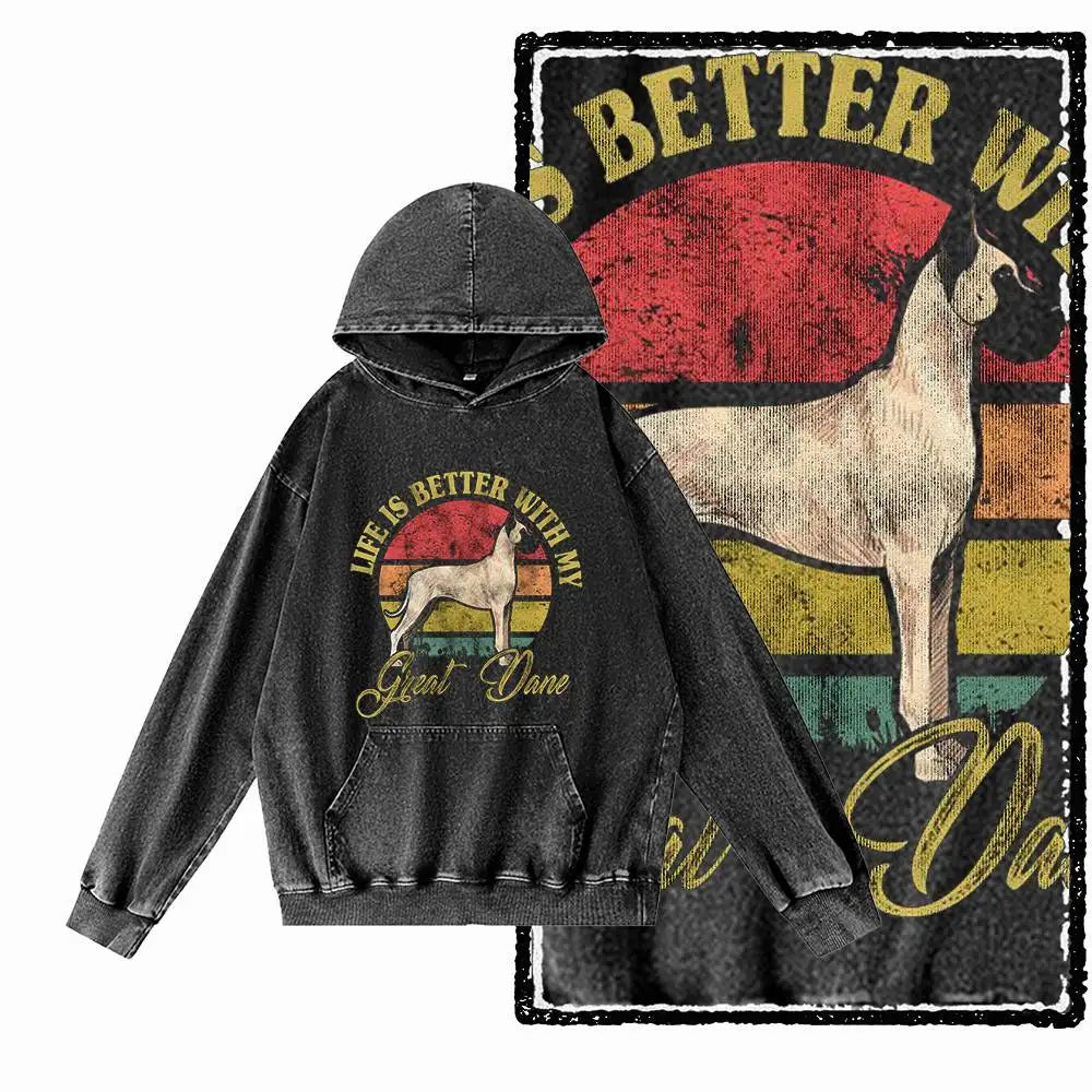 Vintage Dog Graphic Acid-Washed Black Hoodie