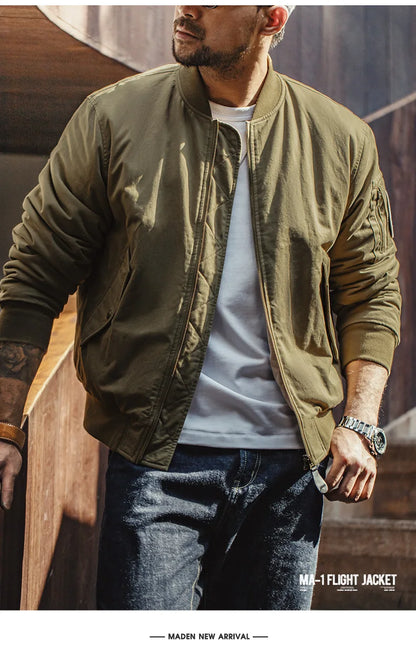Maden Reversible MA-1 Flight Jackets for Men Baseball Collar Small Square Texture Fall and Winter Thickened Coats Cotton Jacket