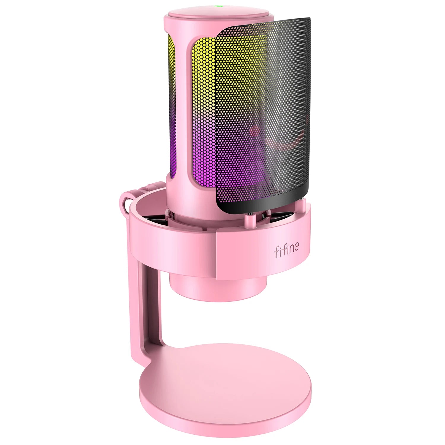 FIFINE USB Microphone for recording and streaming, featuring a sleek black design with adjustable stand on a desk setup.