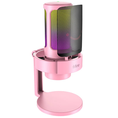 FIFINE USB Microphone for recording and streaming, featuring a sleek black design with adjustable stand on a desk setup.