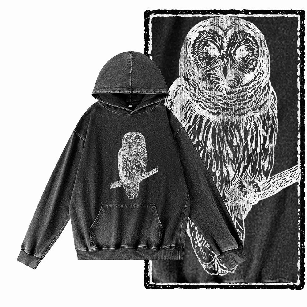 Vintage Owl Graphic Acid-Washed Black Hoodie