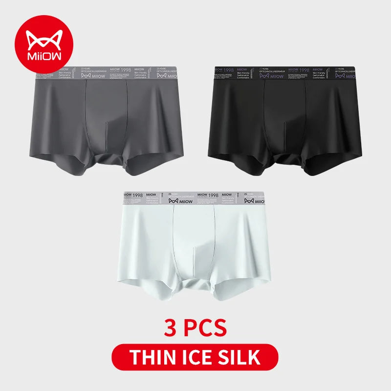 MiiOW Ice Silk Men Underwear - 3Pcs Ultra-thin Breathable Antibacterial Boxer Shorts