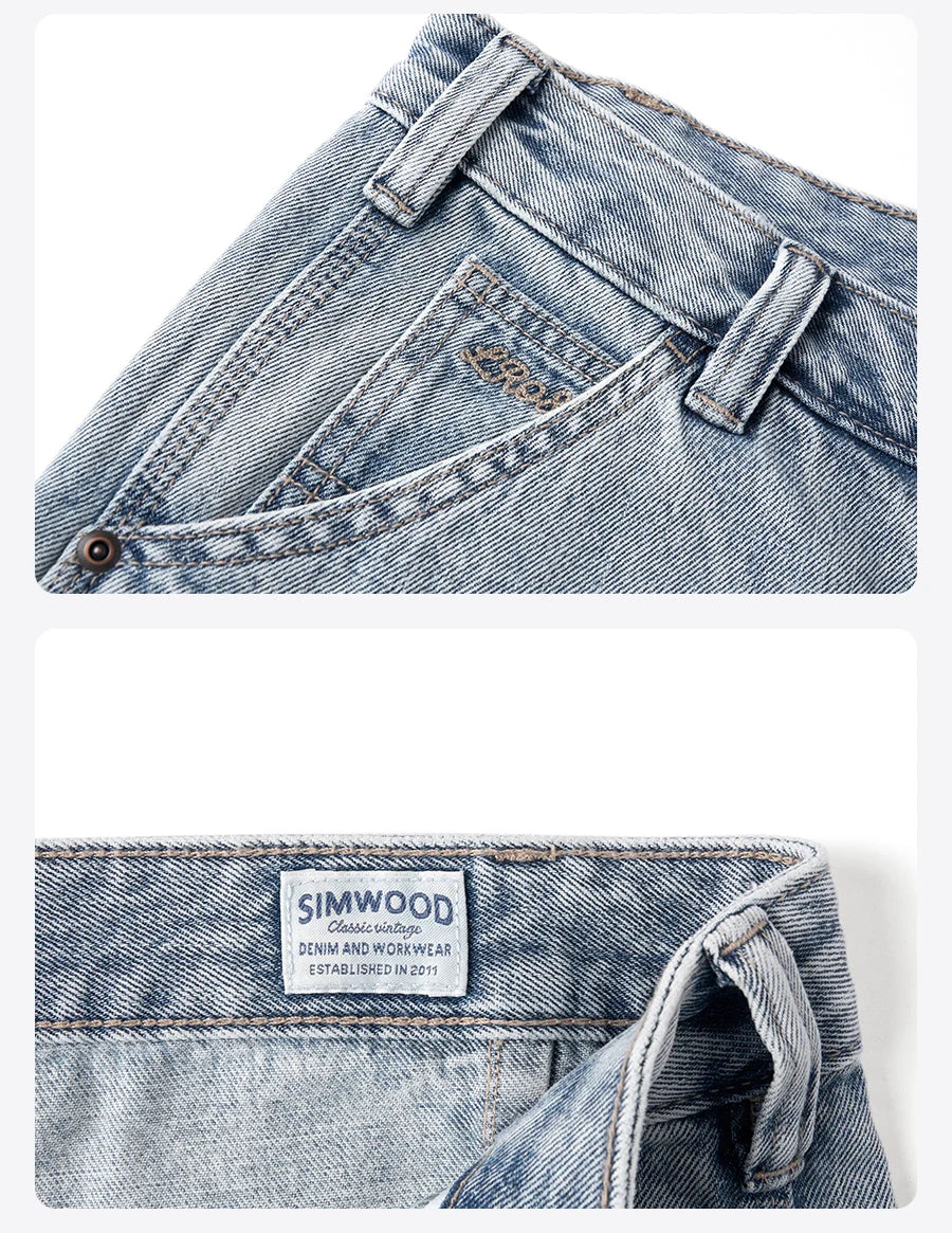 SIMWOOD 2026 Spring Summer New Loose Relax Logging Jeans Men 11oz Fabric Cargo Denim Trousers