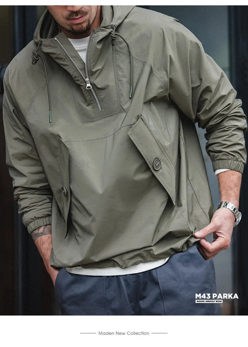 Maden M43 Parka Dark Green Deck Coat for Men Spring and Autumn Solid Color Hooded Sweatshirt Male Urban Outdoor Loose Jacket