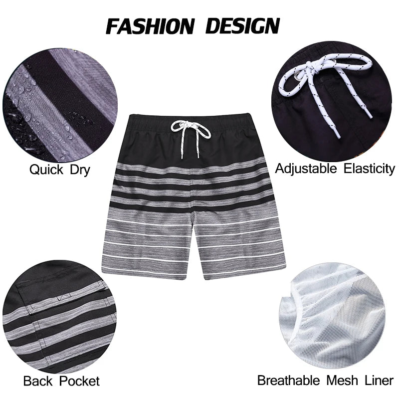 Men's summer beach print boardshorts by ShopHub NZ, featuring surf design, pockets, and suitable for swimming and fitness activities.