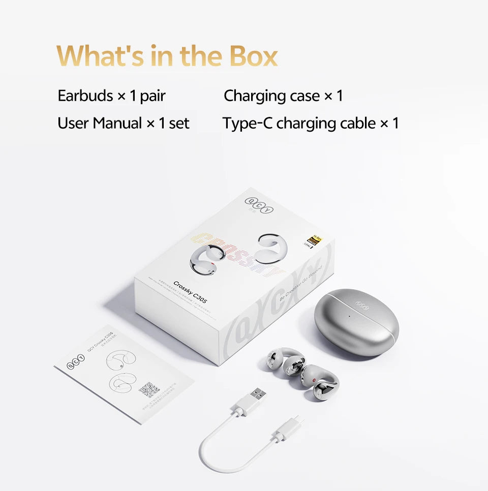 QCY Crossky C30S Wireless Earphones - Hi-Res LDAC Open Ear Clip-On Bluetooth 6.0 Sports Headphones with 40H Battery Life