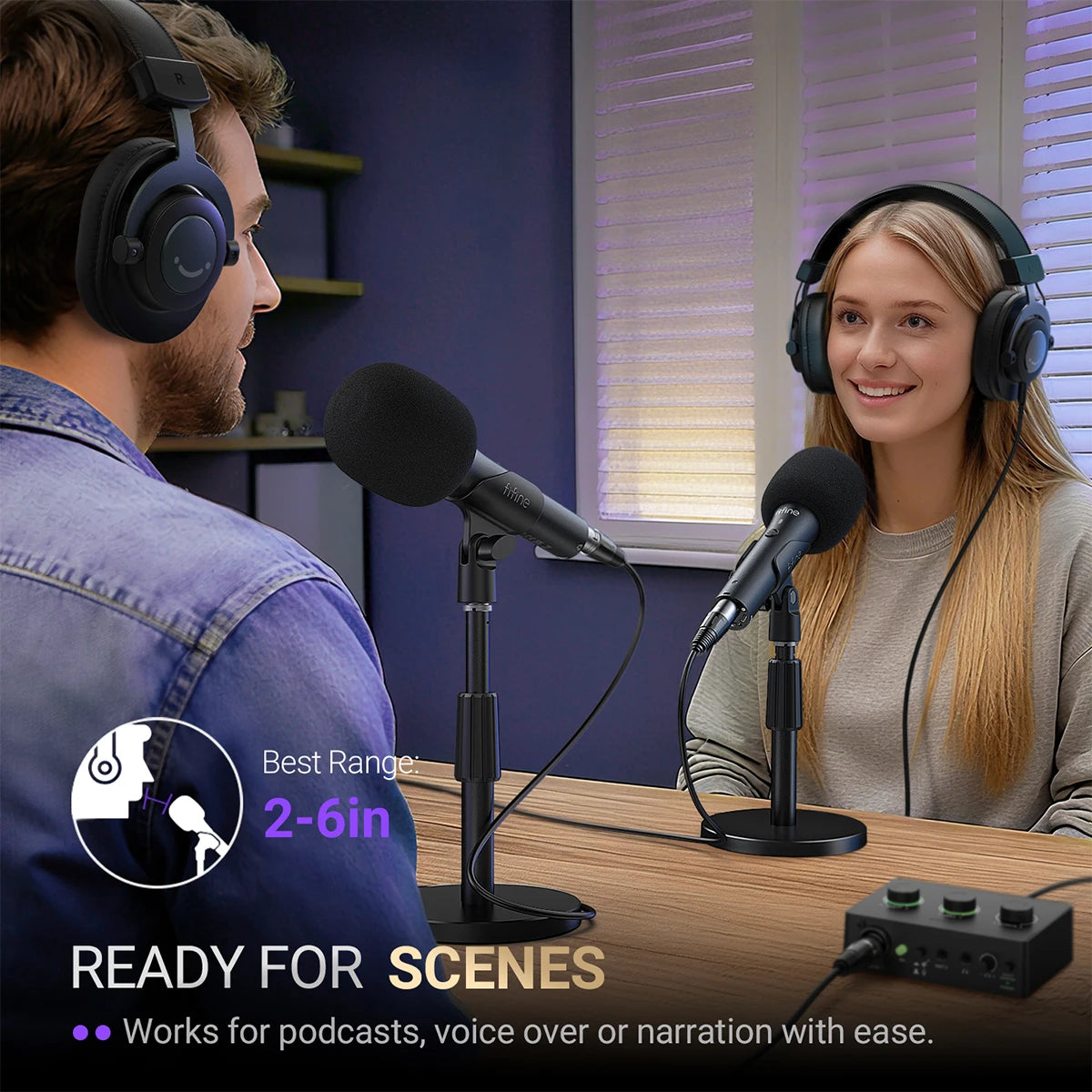 A man and a woman wearing over-ear headphones sit at a wooden table with microphones in front of them, suggesting a podcast or voice-over setup. The scene includes promotional text overlays reading 'Best Range 2-6in' and 'READY FOR SCENES'.