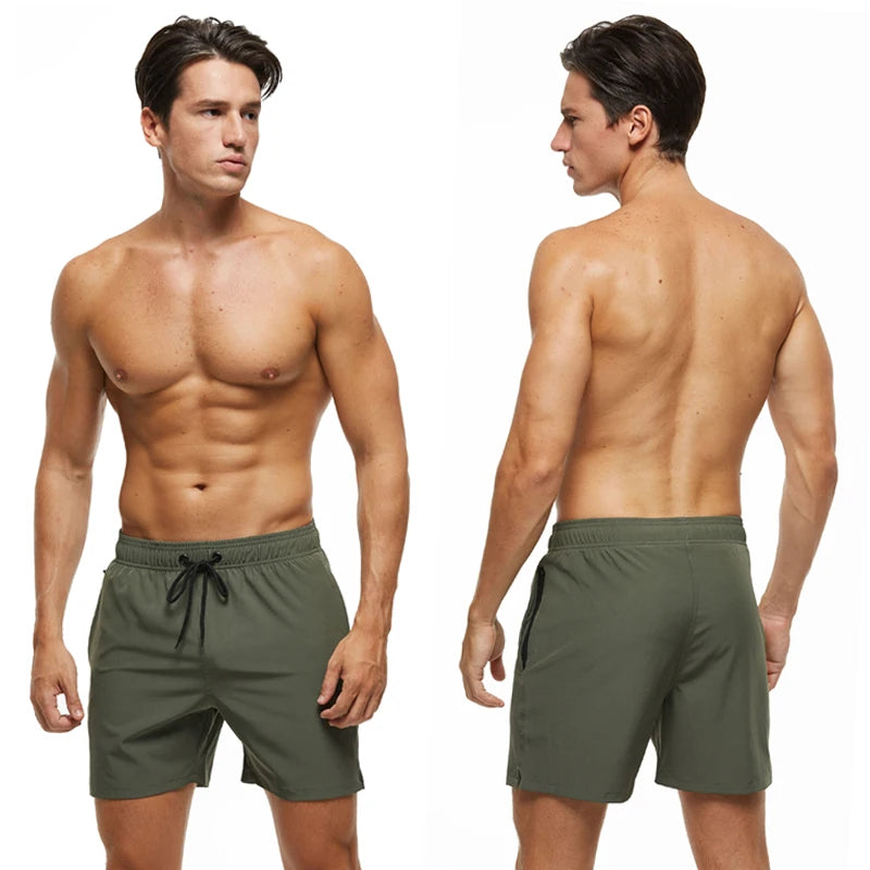 ShopHub NZ men's boardshorts with solid polyester fabric, breathable mesh liner, side pockets, ideal for summer swim and gym activities.