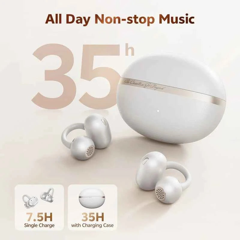 QCY CT06 Open Ear Wireless Earbuds with 4-Mic Calls and Bass Boost - Bluetooth 6.0 Clip-On Sports Headphones with 35 Hours Playtime