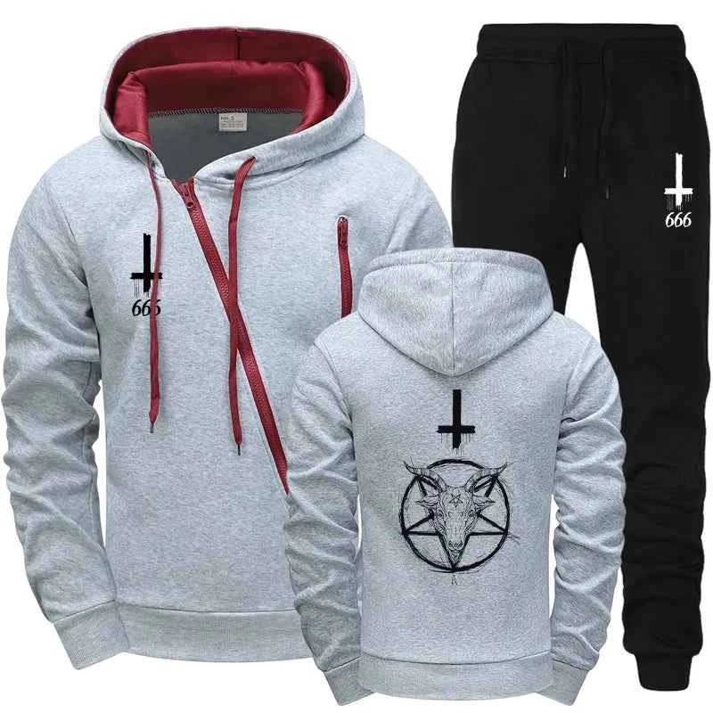 Satan Mens Tracksuit Set - Stylish Hoodie with Diagonal Zipper and Comfortable Sweatpants for Urban Streetwear This Autumn Winter