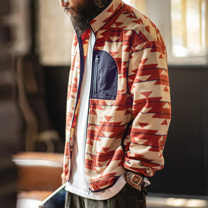 Maden Men's Vintage Navajo Polar Fleece Jacket Stand Collar Zip-Up Patchwork Sweatshirt Warm Cardigan for Spring and Autumn Coat