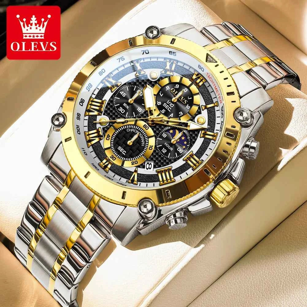 OLEVS 3689 Mens Business Quartz Watch - Waterproof Luminous Stainless Steel Moon Phase Date Sports Watch with Gift Box