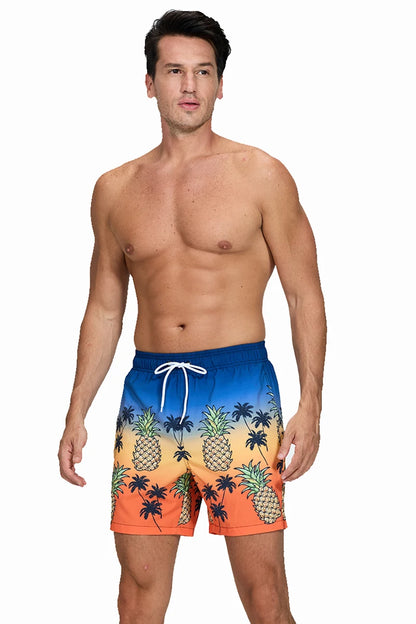 Men's polyester gym shorts with mesh liner, side pockets, quick-dry fabric, multicolor design, ideal for beach or swim activities.
