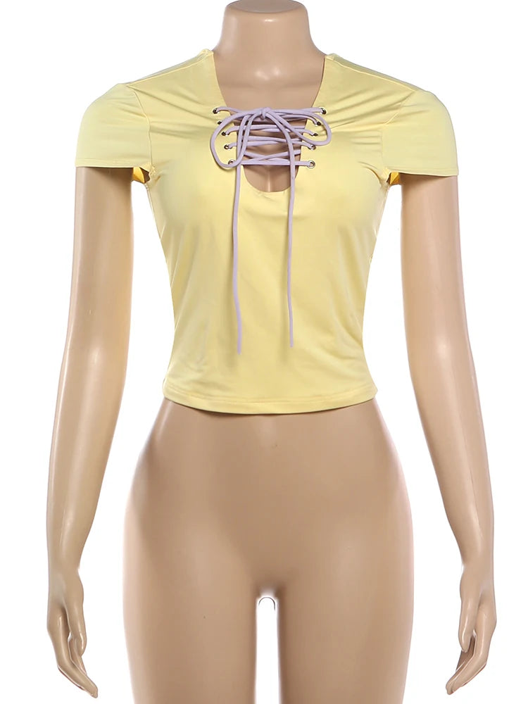 Kliou Cross Bandage Decoration T-Shirts Woman Summer Trend Low-Neck Backless Short Sleeve Skinny Stretch Street Fashion Tees