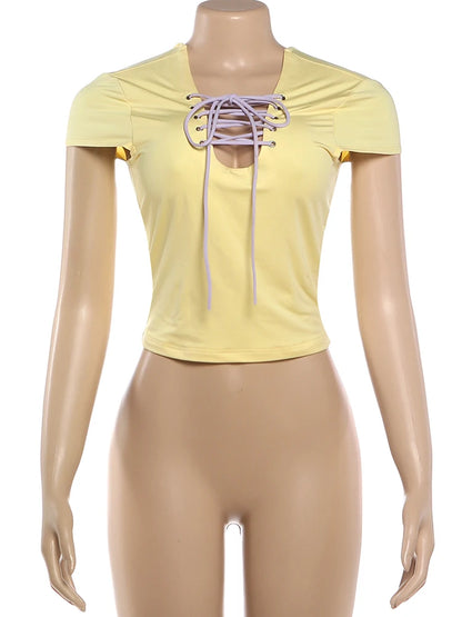 Kliou Cross Bandage Decoration T-Shirts Woman Summer Trend Low-Neck Backless Short Sleeve Skinny Stretch Street Fashion Tees