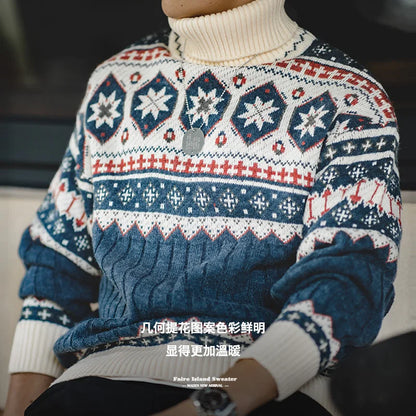 MADEN Grey-Blue Fair Isle Turtleneck Sweater