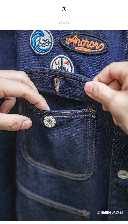 Maden Vintage Embroidered Badge 12.8oz Heavyweight Denim Jacket Washed Lapel Casual Outerwear for Men Spring and Fall Chore Coat
