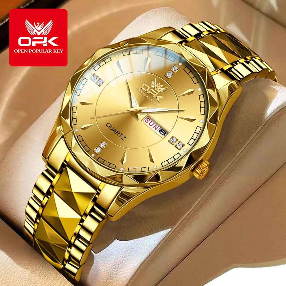 OPK 8151 Unisex Quartz Watch Waterproof Luminous Stainless Steel Automatic Date Dual Calendar Design