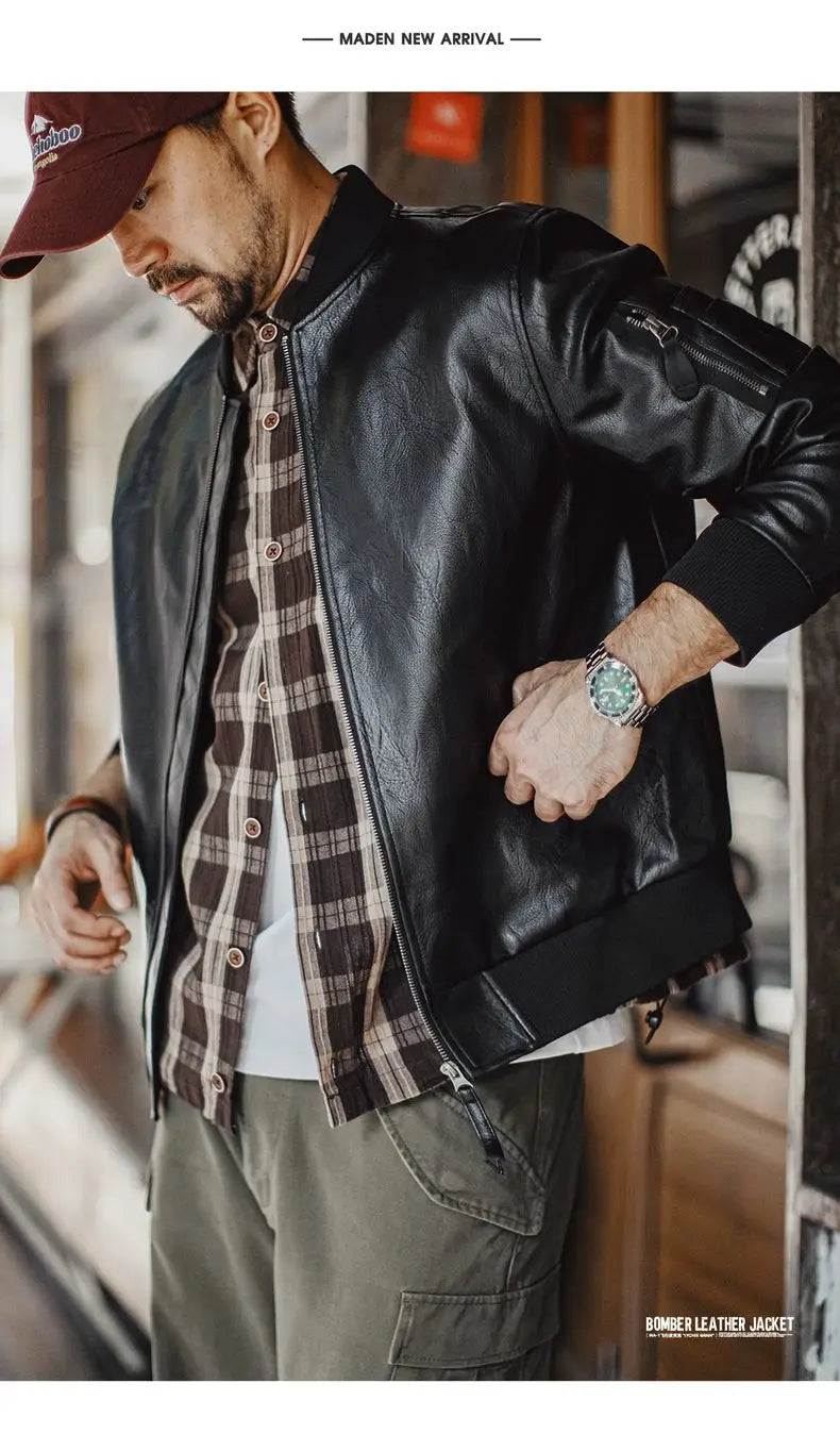 Maden Vintage Men's MA1 Leather Jacket Black Pilot Bomber Jacket Short Zip-up Pocket Baseball Coat Outerwear for Fall Streetwear