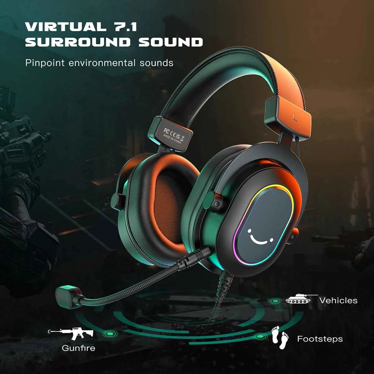 Fifine Dynamic RGB Gaming Headset with Mic Over-Ear Headphones 7.1 Surround Sound PC PS4 PS5 3 EQ Options Game Movie Music - H6